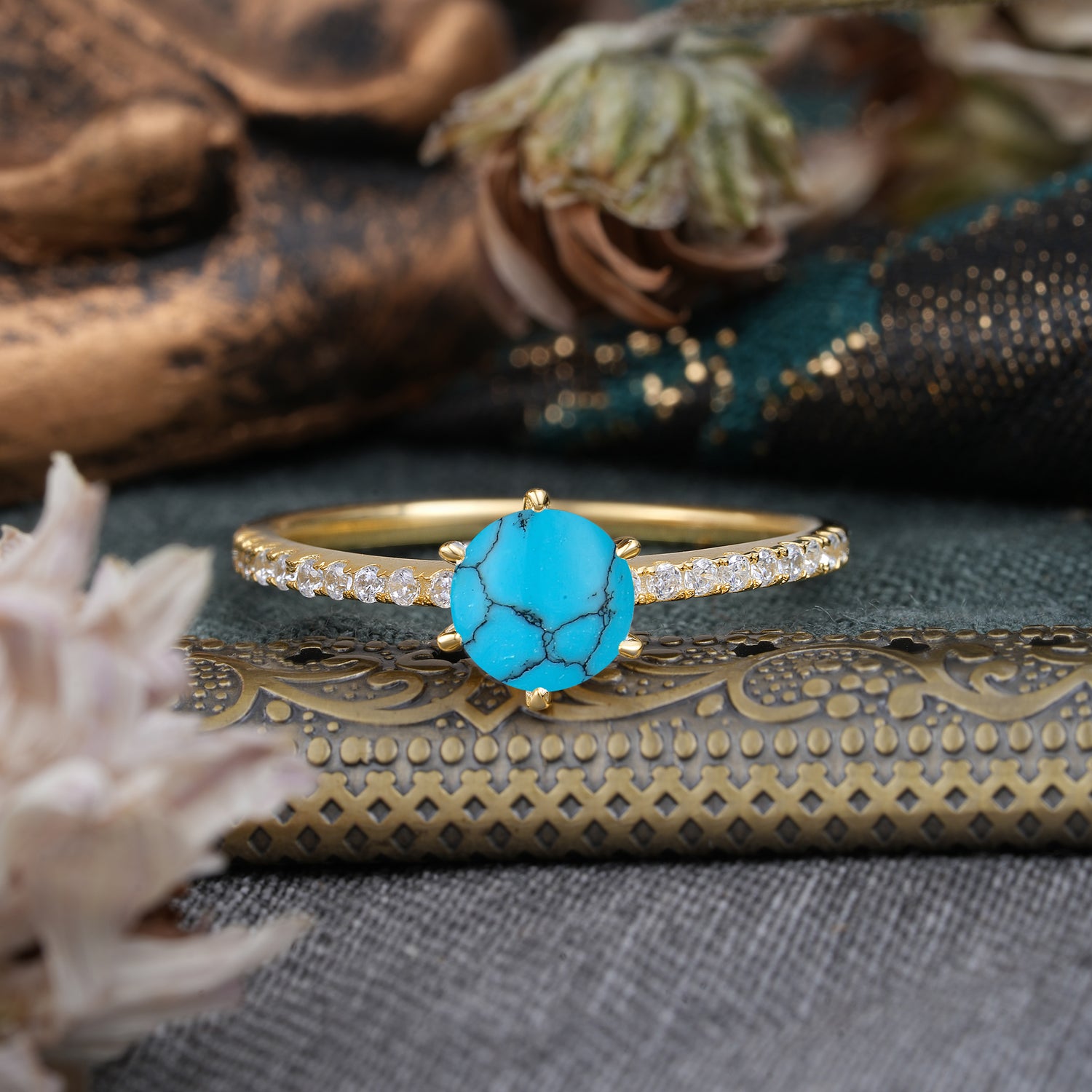 1 Carat Round Cut 6-Prong Turquoise Engagement Ring Pave Milgrain Engagement Ring