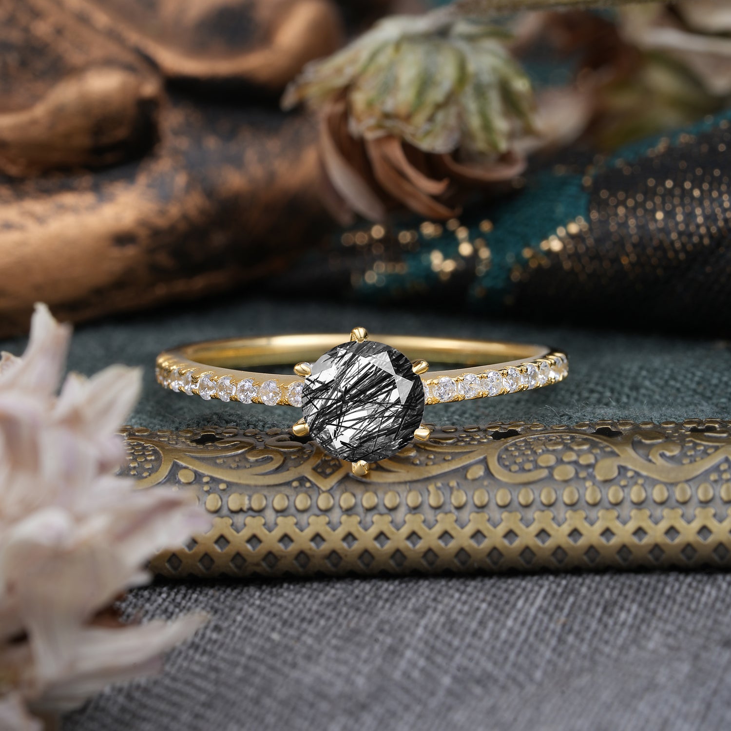 1 Carat Round Cut 6-Prong Black Rutilated Quartz Engagement Ring Pave Milgrain Engagement Ring