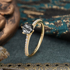 1 Carat Round Cut 6-Prong Black Rutilated Quartz Wedding Ring Pave Milgrain Engagement Ring