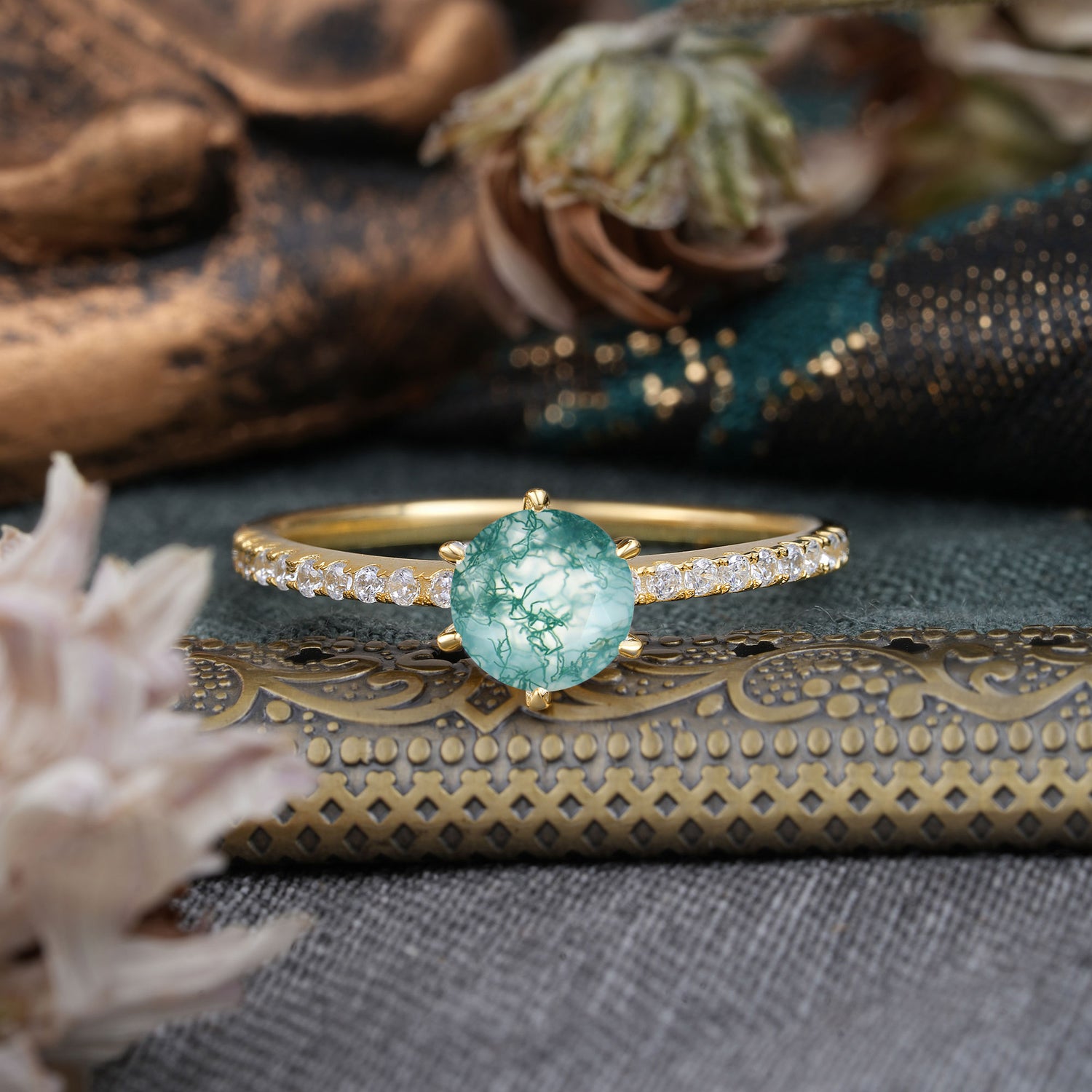 1 Carat Round Cut Moss Agate Engagement Ring Pave Milgrain Engagement Ring