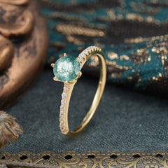 1 Carat Round Cut Moss Agate Wedding Ring Pave Milgrain Engagement Ring