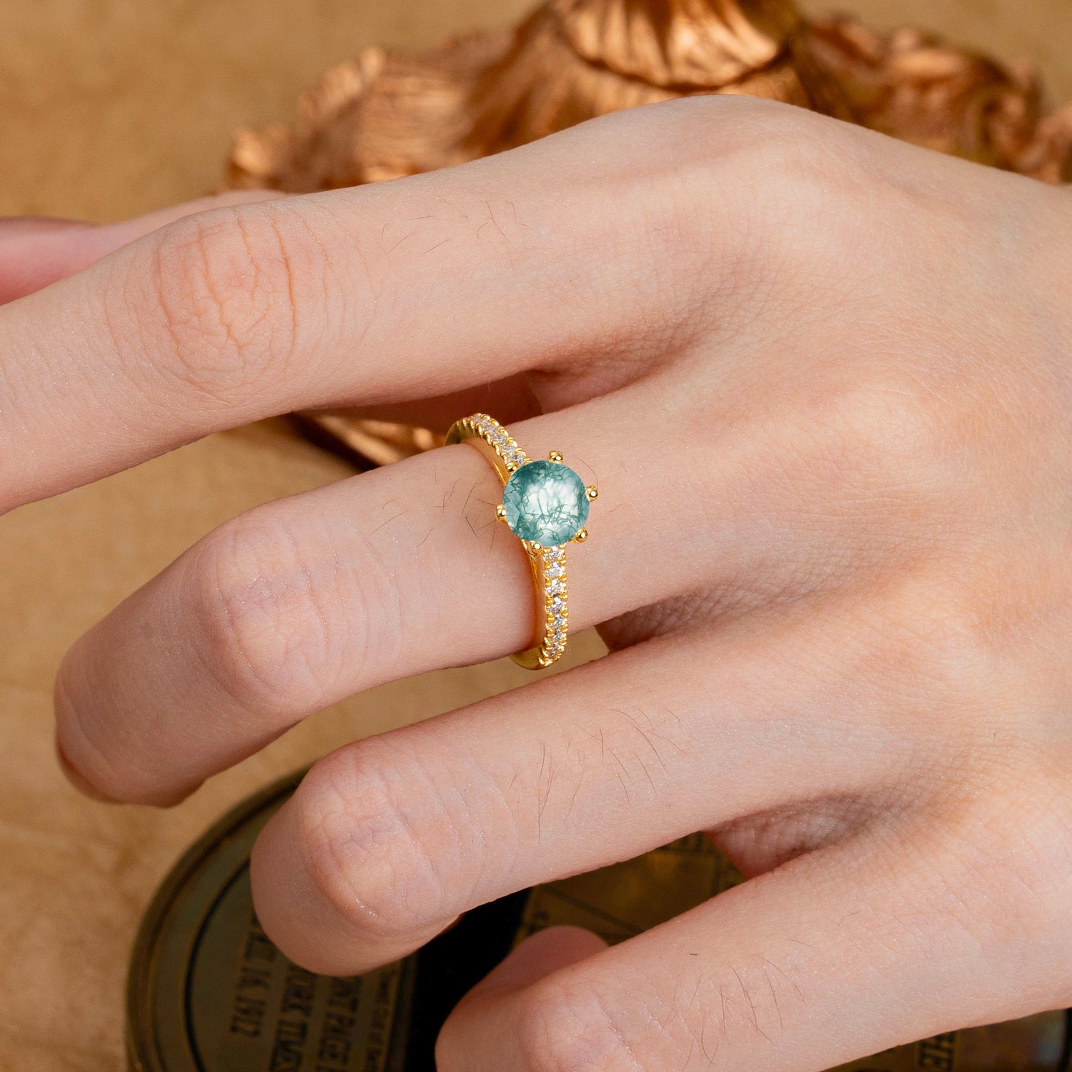 1 Carat Round Cut Moss Agate Engagement Ring Pave Milgrain Engagement Ring