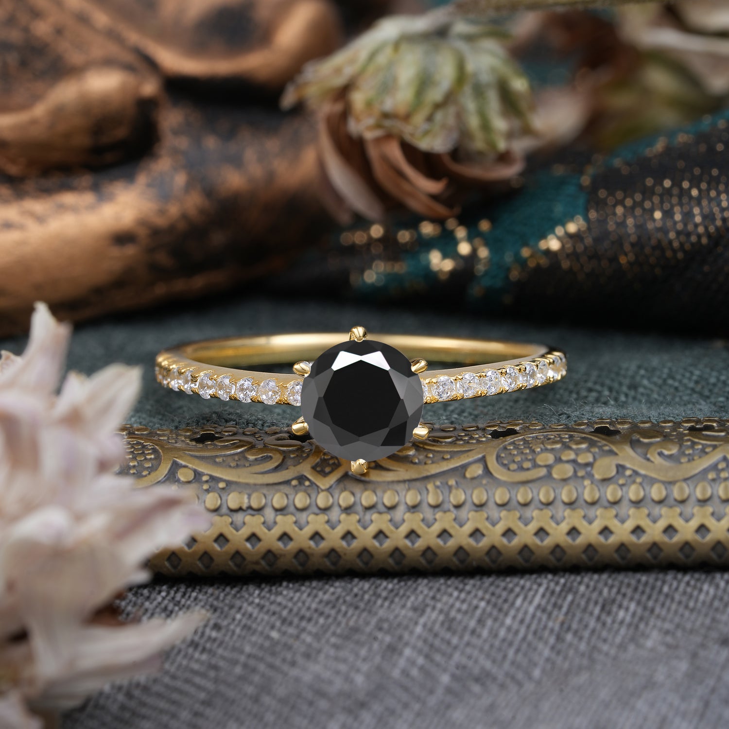 1 Carat Round Cut 6-Prong Black Onyx Engagement Ring Pave Milgrain Engagement Ring
