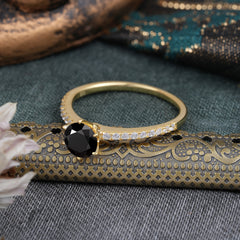 1 Carat Round Cut 6-Prong Black Onyx Wedding Ring Pave Milgrain Engagement Ring