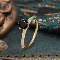 1 Carat Round Cut 6-Prong Black Onyx Wedding Ring Pave Milgrain Engagement Ring