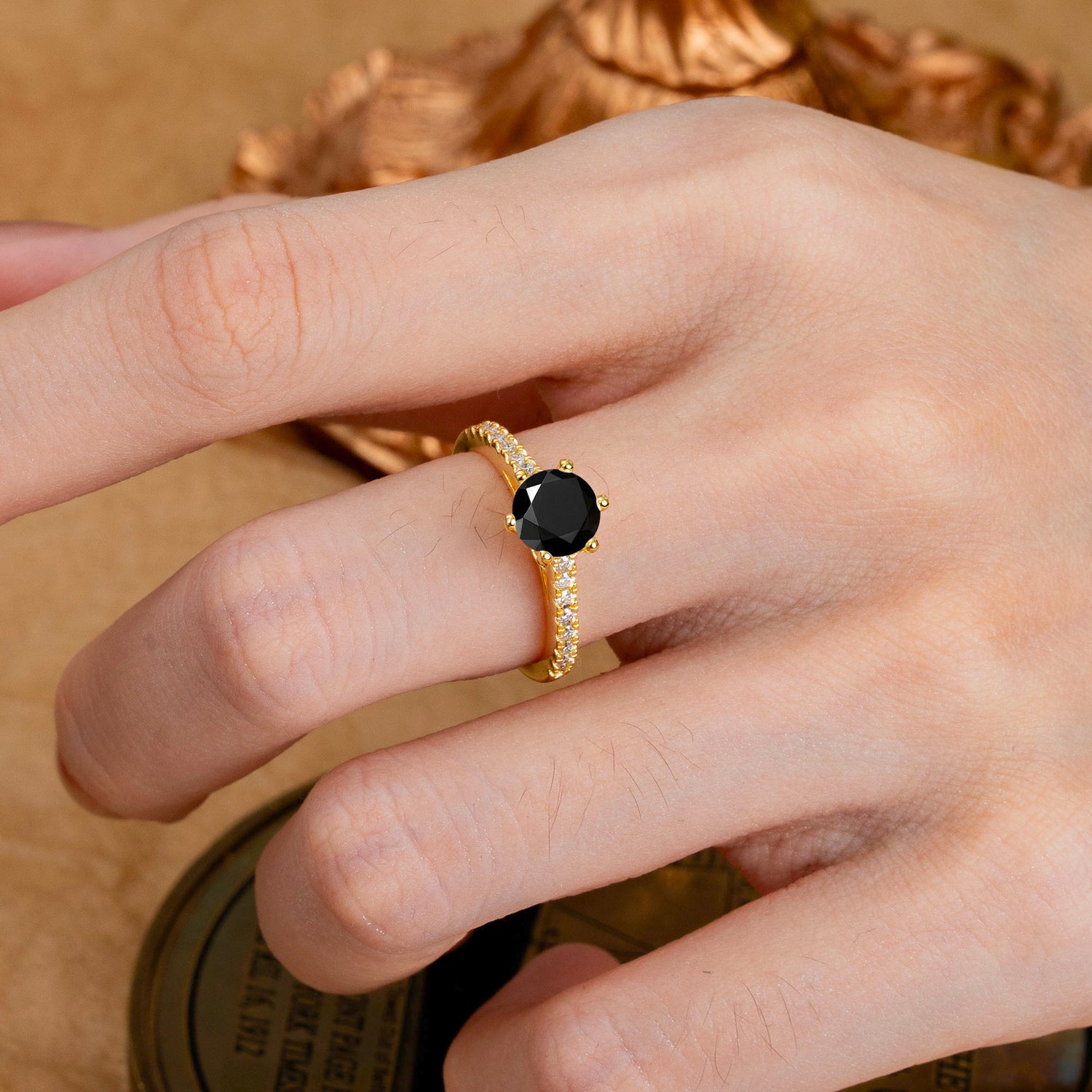 1 Carat Round Cut 6-Prong Black Onyx Engagement Ring Pave Milgrain Engagement Ring