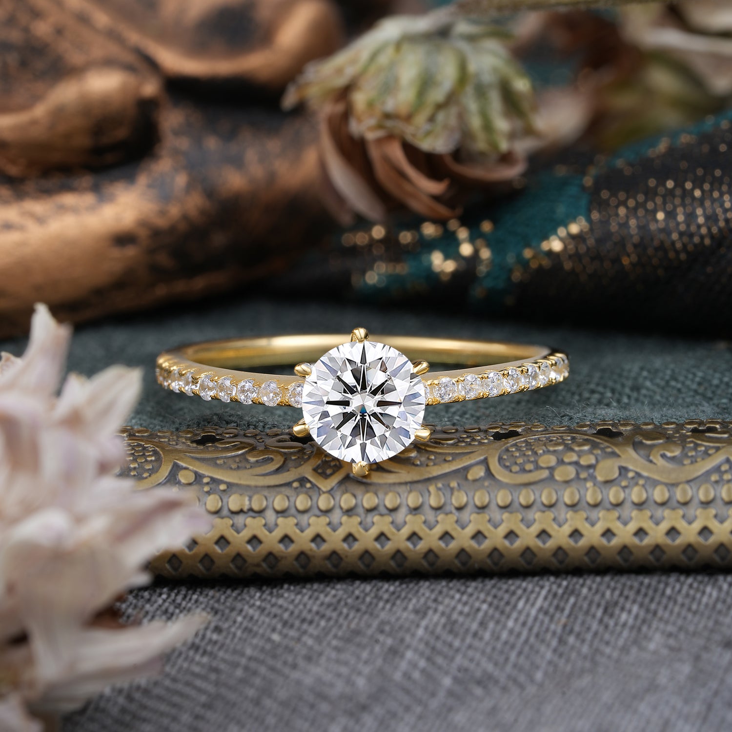 1 Carat Round Cut 6-Prong Lab Diamond Engagement Ring Pave Milgrain Engagement Ring