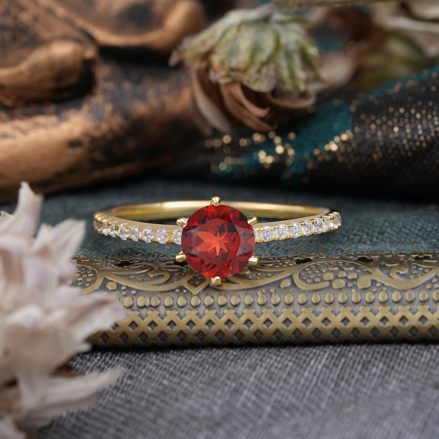 1 Carat Round Cut Garnet Engagement Ring Pave Milgrain Engagement Ring