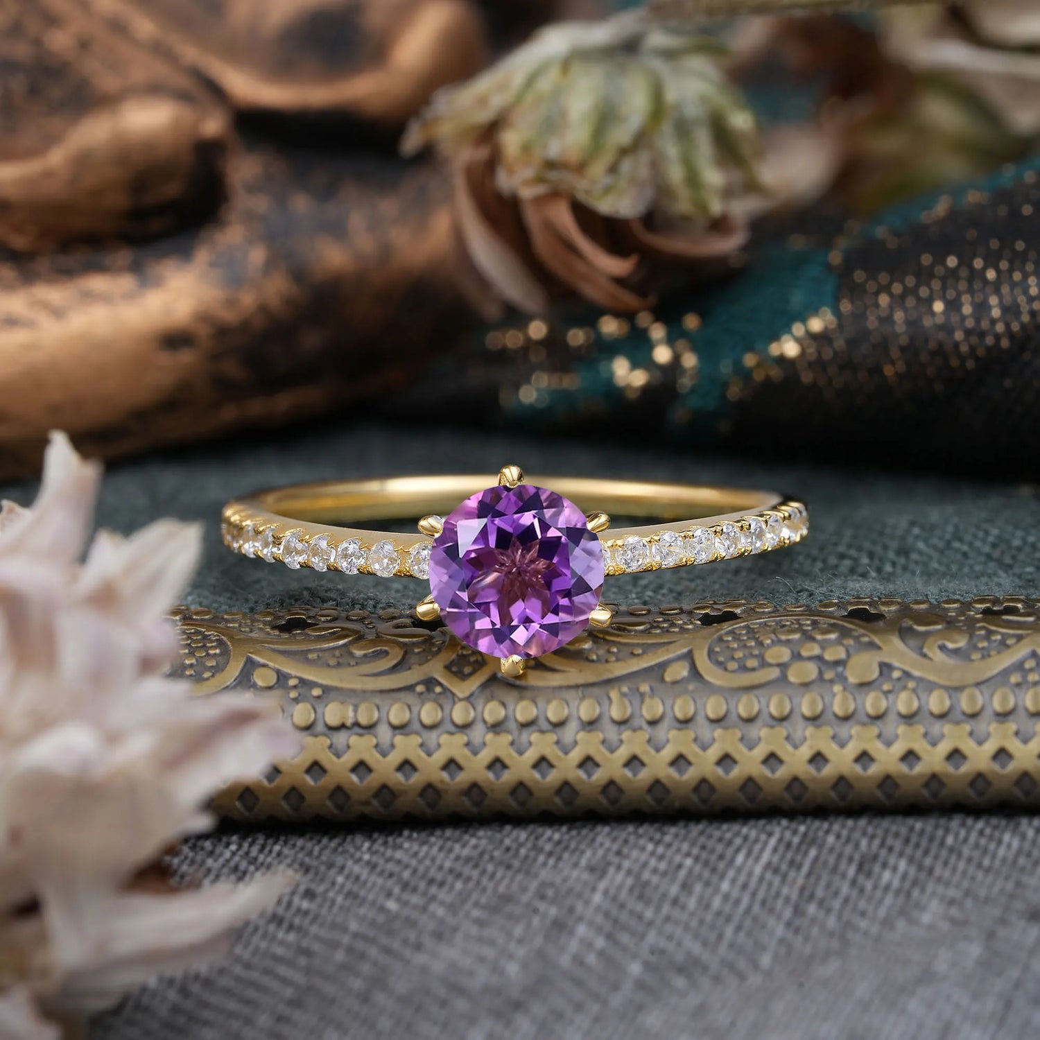 1 Carat Round Cut 6-Prong Amethyst Engagement Ring Pave Milgrain Engagement Ring
