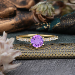 1 Carat Round Cut 6-Prong Amethyst Wedding Ring Pave Milgrain Engagement Ring