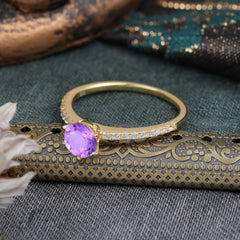 1 Carat Round Cut 6-Prong Amethyst Wedding Ring Pave Milgrain Engagement Ring