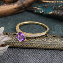 1 Carat Round Cut 6-Prong Amethyst Wedding Ring Pave Milgrain Engagement Ring