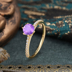 1 Carat Round Cut 6-Prong Amethyst Wedding Ring Pave Milgrain Engagement Ring