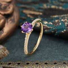 1 Carat Round Cut 6-Prong Amethyst Wedding Ring Pave Milgrain Engagement Ring