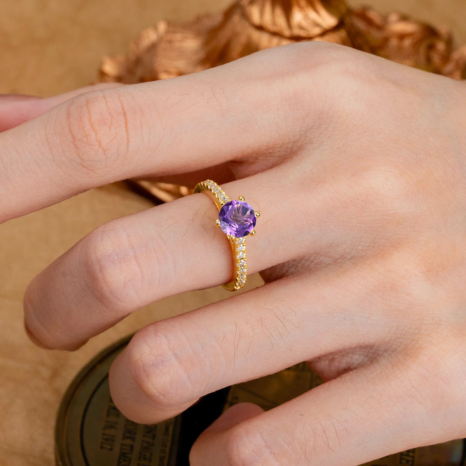 1 Carat Round Cut 6-Prong Amethyst Engagement Ring Pave Milgrain Engagement Ring