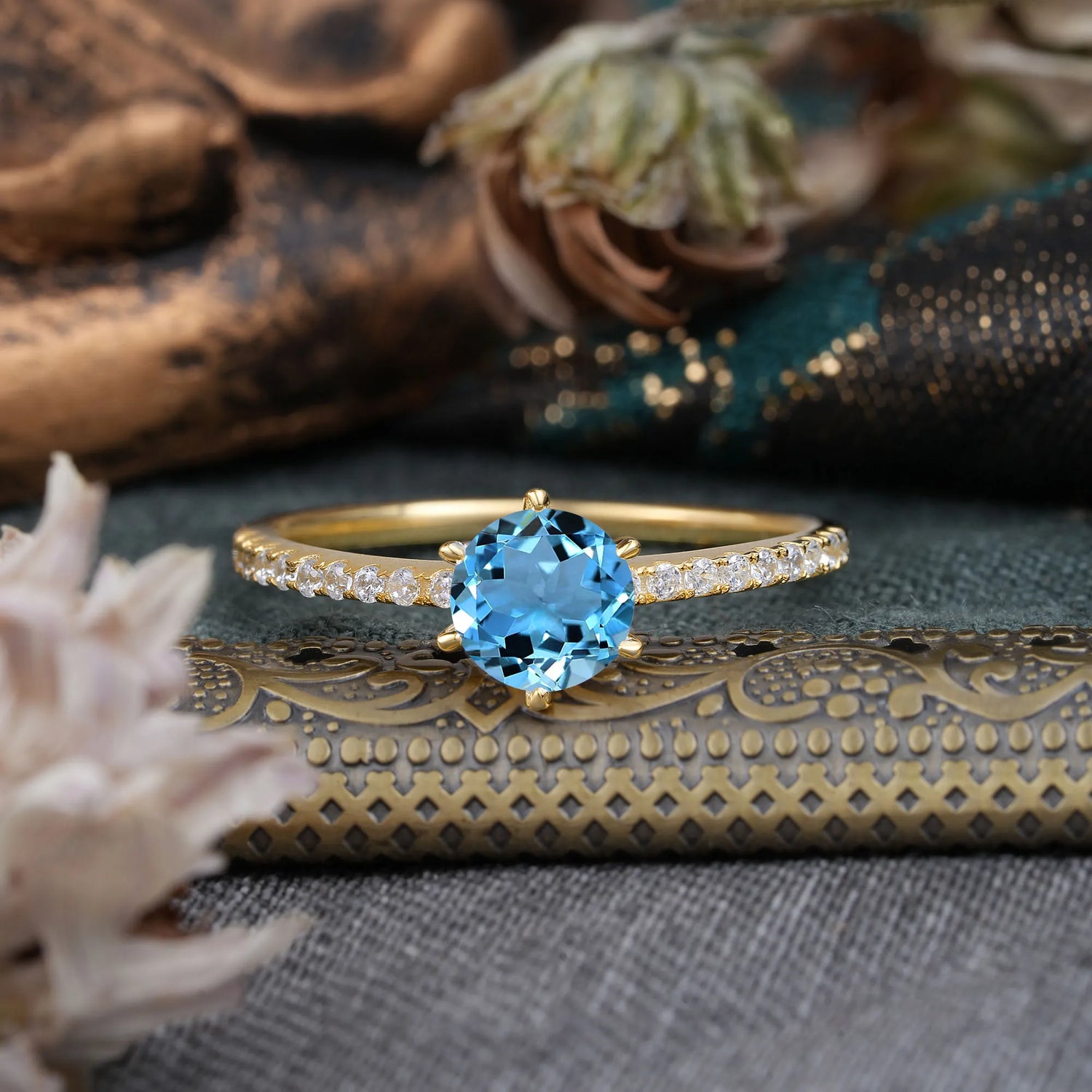 1 Carat Round Cut 6-Prong Aquamarine Engagement Ring Pave Milgrain Engagement Ring