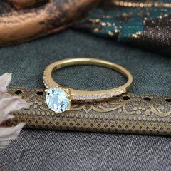 1 Carat Round Cut 6-Prong Aquamarine Wedding Ring Pave Milgrain Engagement Ring