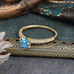 1 Carat Round Cut 6-Prong Aquamarine Wedding Ring Pave Milgrain Engagement Ring