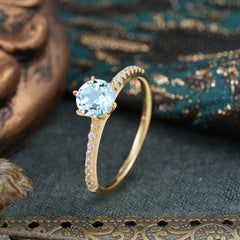 1 Carat Round Cut 6-Prong Aquamarine Wedding Ring Pave Milgrain Engagement Ring