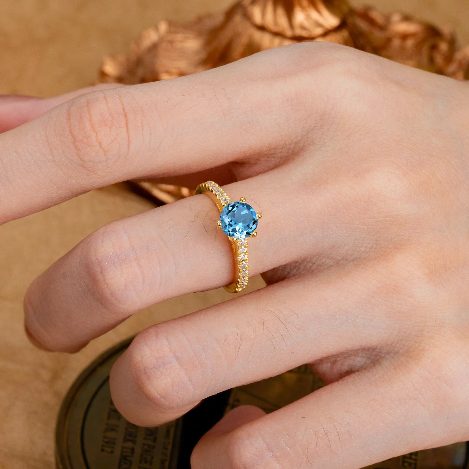 1 Carat Round Cut 6-Prong Aquamarine Engagement Ring Pave Milgrain Engagement Ring