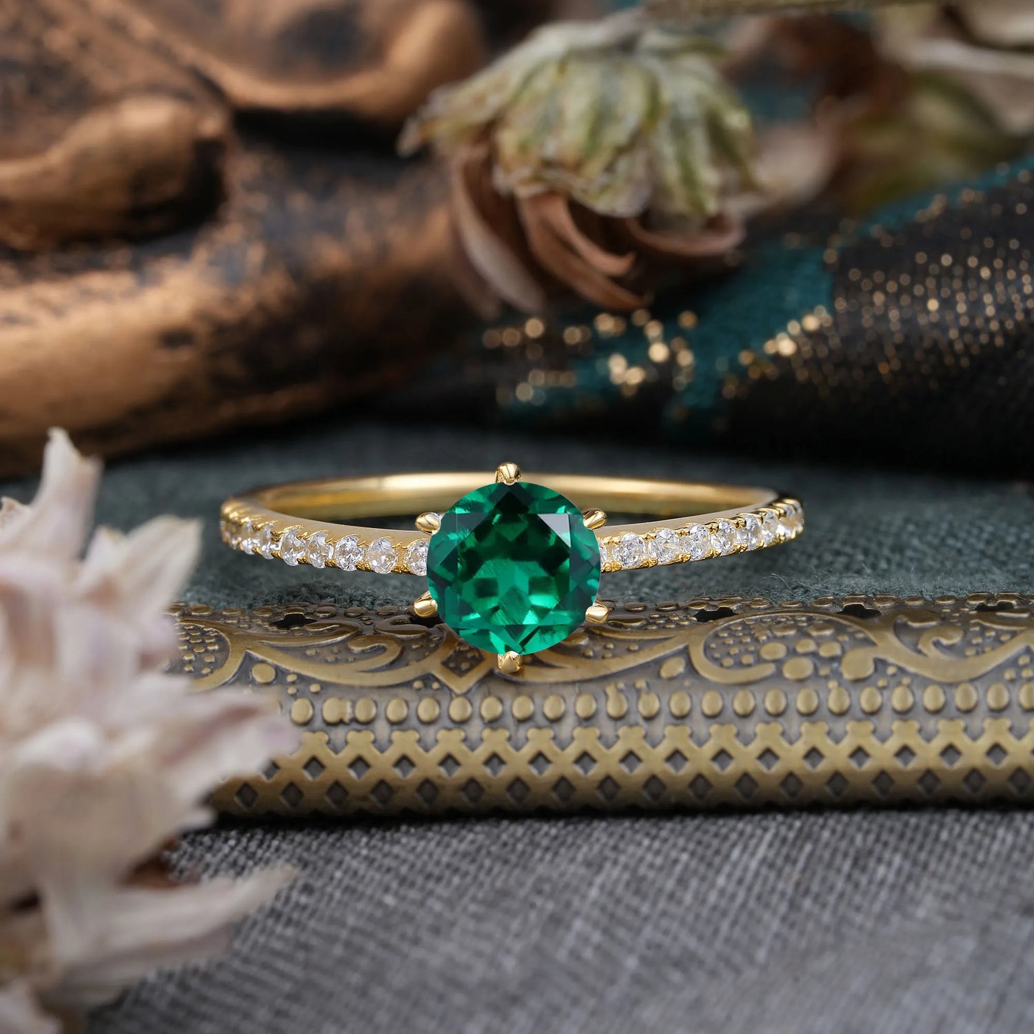 1 Carat Round Cut 6-Prong Emerald Engagement Ring Pave Milgrain Engagement Ring