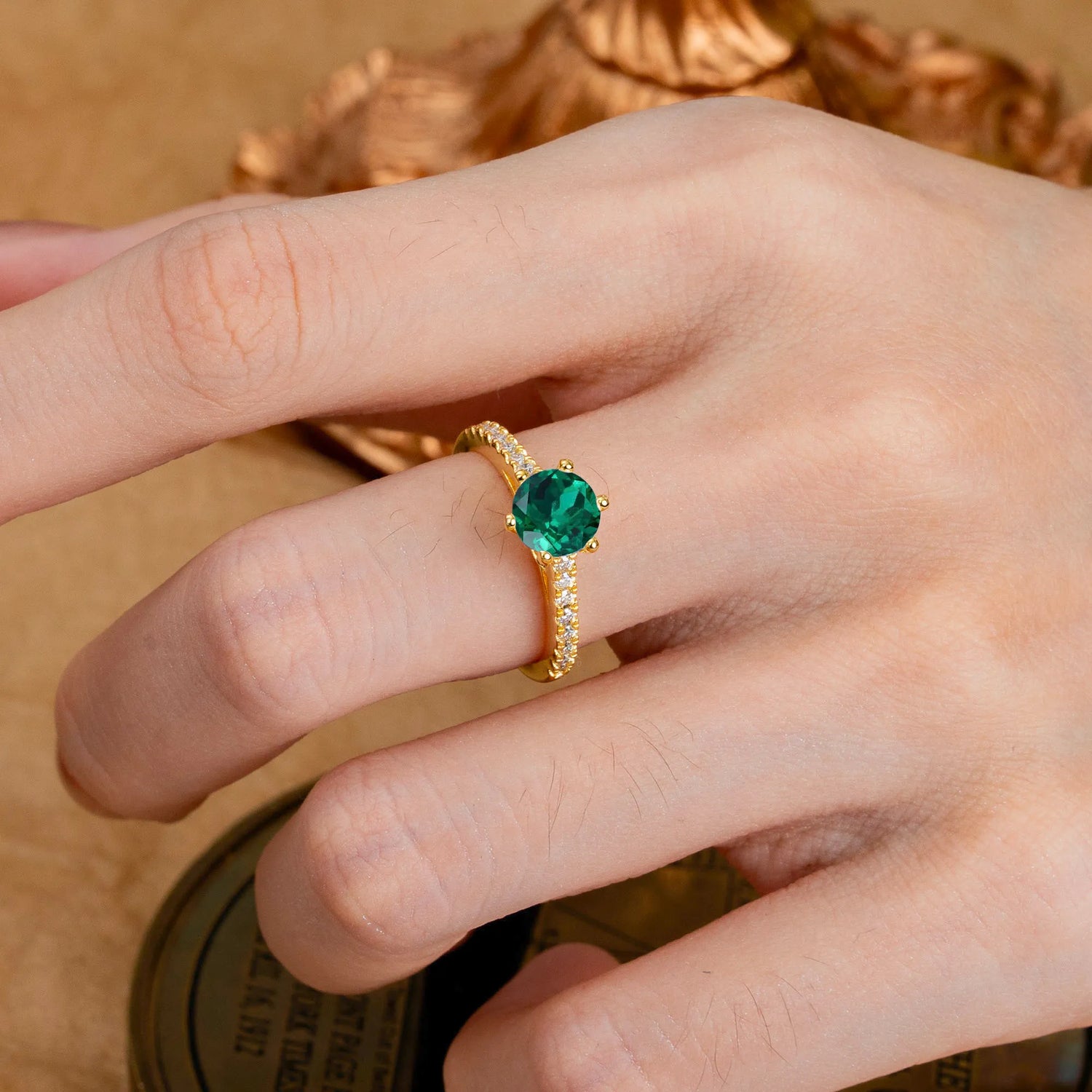 1 Carat Round Cut 6-Prong Emerald Engagement Ring Pave Milgrain Engagement Ring
