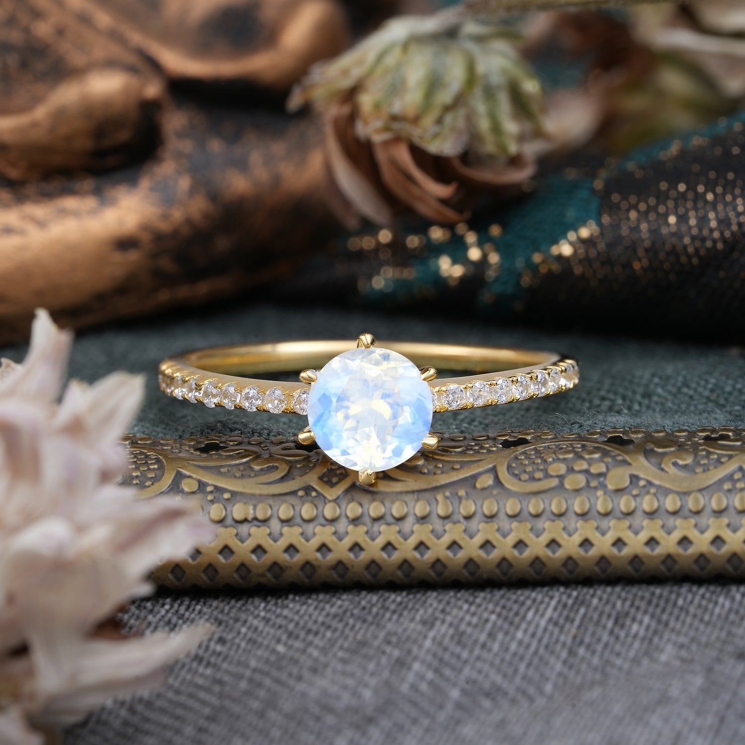 1 Carat Round Cut 6-Prong Moonstone Engagement Ring Pave Milgrain Engagement Ring