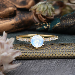 1 Carat Round Cut 6-Prong Moonstone Wedding Ring Pave Milgrain Engagement Ring