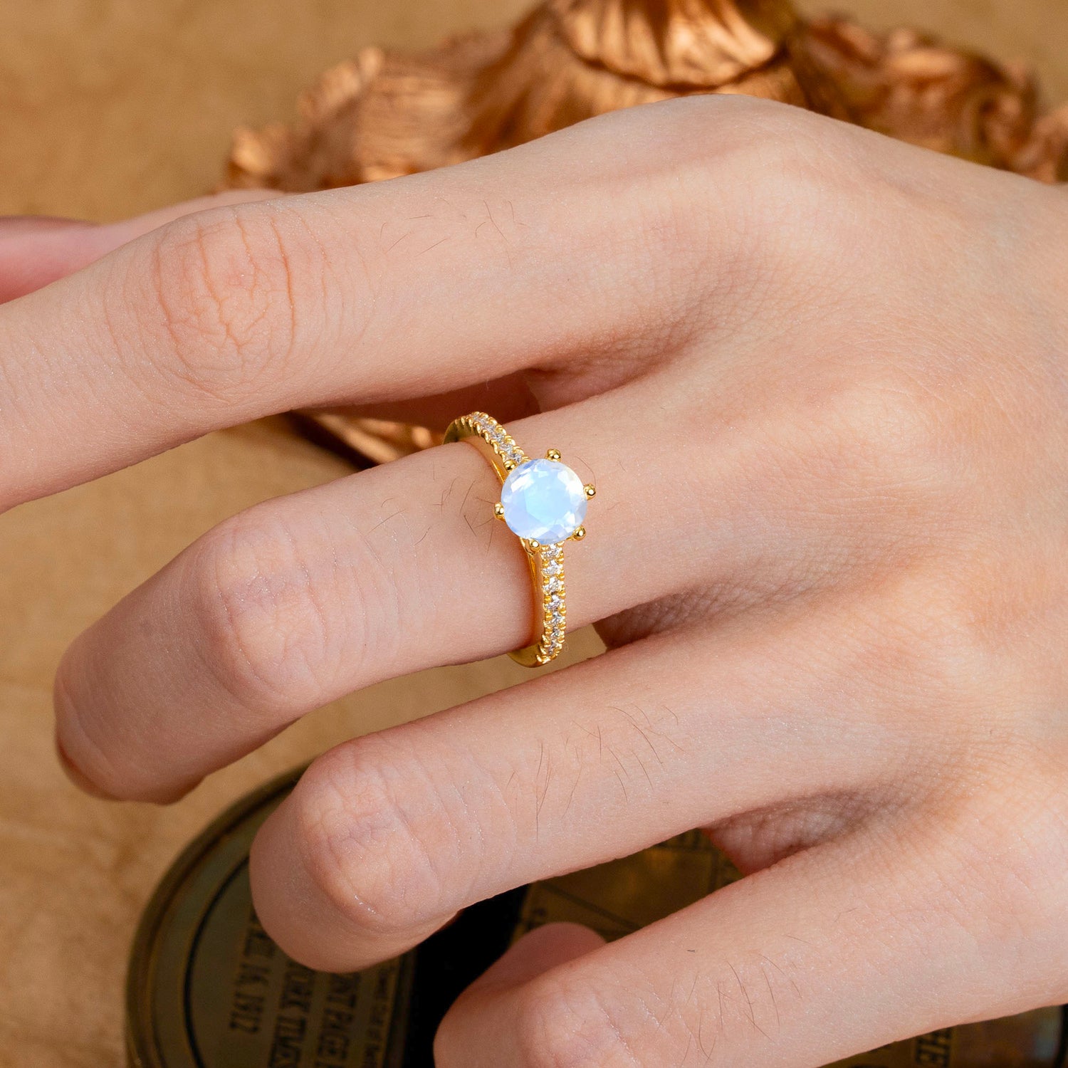 1 Carat Round Cut 6-Prong Moonstone Engagement Ring Pave Milgrain Engagement Ring