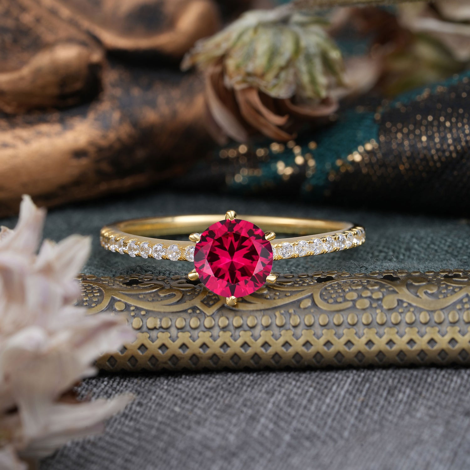 1 Carat Round Cut Ruby Engagement Ring Pave Milgrain Engagement Ring