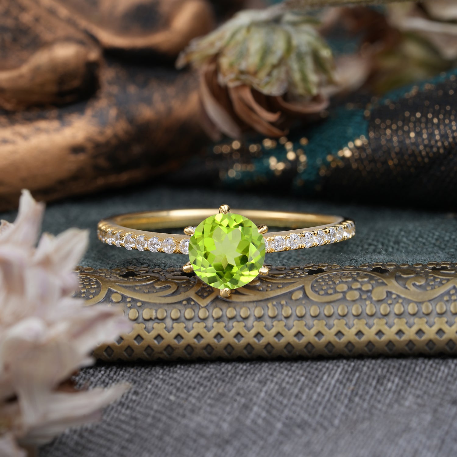 1 Carat Round Cut 6-Prong Peridot Engagement Ring Pave Milgrain Engagement Ring