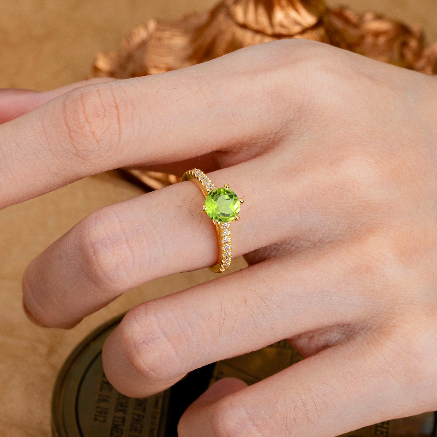 1 Carat Round Cut 6-Prong Peridot Engagement Ring Pave Milgrain Engagement Ring