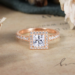 Princess Cut Moissanite Engagement Ring Half Eternity Halo Promise Ring