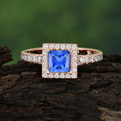 Princess Cut Sapphire Engagement Ring Half Eternity Halo Promise Ring