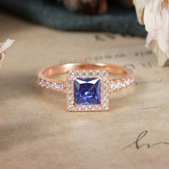Princess Cut Tanzanite Engagement Ring Half Eternity Halo Promise Ring
