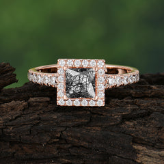 Princess Cut Black Rutilated Quartz Engagement Ring Half Eternity Halo Promise Ring