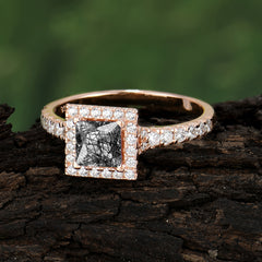Princess Cut Black Rutilated Quartz Engagement Ring Half Eternity Halo Promise Ring