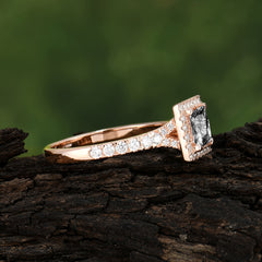 Princess Cut Black Rutilated Quartz Engagement Ring Half Eternity Halo Promise Ring