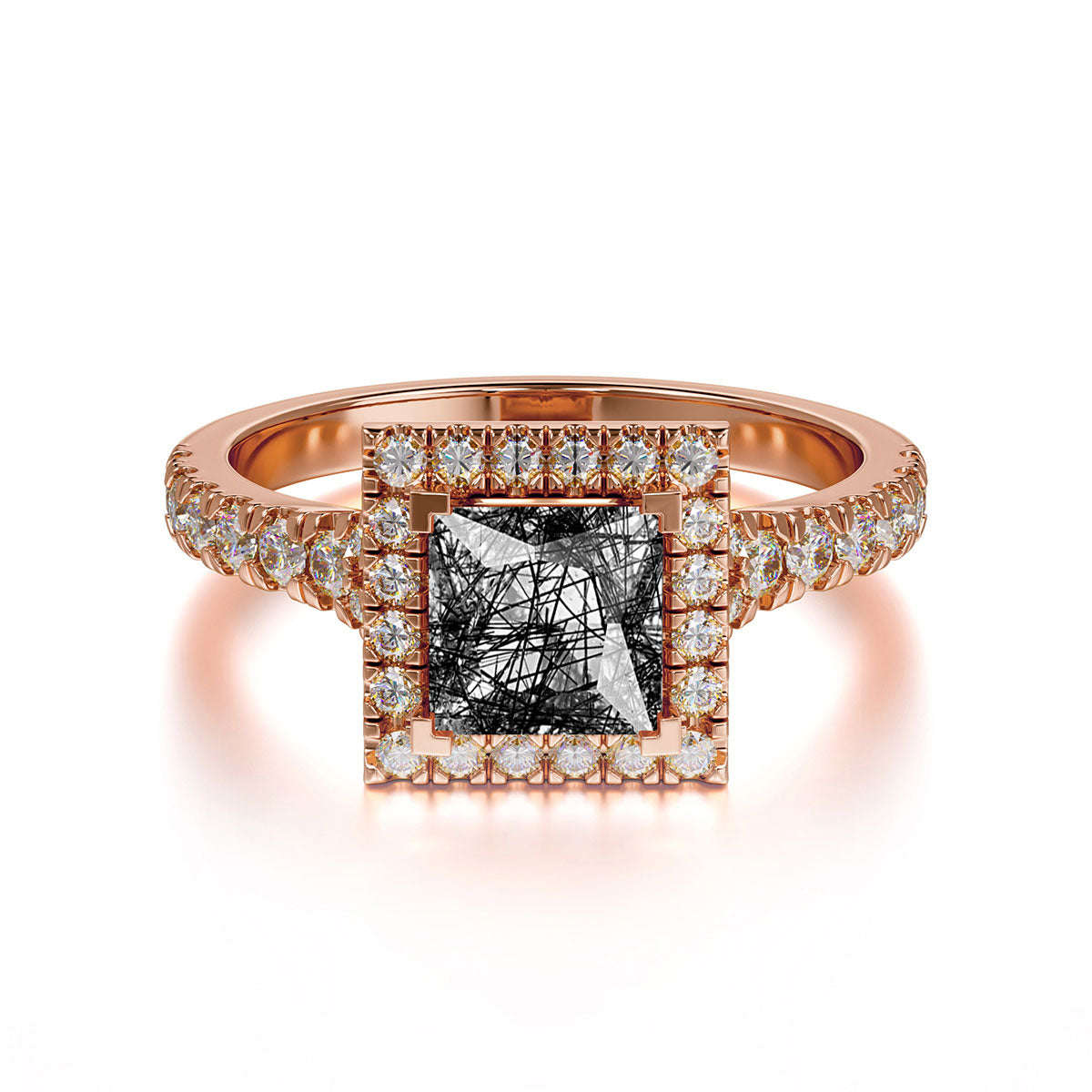 Princess Cut Black Rutilated Quartz Engagement Ring Half Eternity Halo Promise Ring