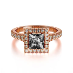 Princess Cut Black Rutilated Quartz Engagement Ring Half Eternity Halo Promise Ring