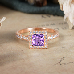 Princess Cut Amethyst Engagement Ring Half Eternity Halo Promise Ring