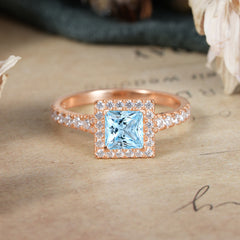 Princess Cut Aquamarine Engagement Ring Half Eternity Halo Promise Ring