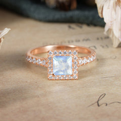 Princess Cut Natural Moonstone Engagement Ring Half Eternity Halo Promise Ring