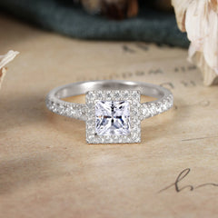 Princess Cut Moissanite Engagement Ring Half Eternity Halo Promise Ring