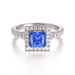 Princess Cut Sapphire Engagement Ring Half Eternity Halo Promise Ring