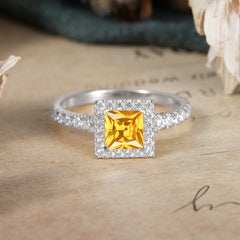 Princess Cut Citrine Engagement Ring Half Eternity Halo Promise Ring