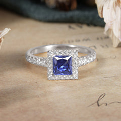 Princess Cut Tanzanite Engagement Ring Half Eternity Halo Promise Ring