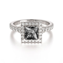 Princess Cut Black Rutilated Quartz Engagement Ring Half Eternity Halo Promise Ring