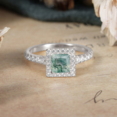 Princess Cut Moss Agate Engagement Ring Half Eternity Halo Promise Ring