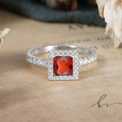 Princess Cut Garnet Engagement Ring Half Eternity Halo Promise Ring